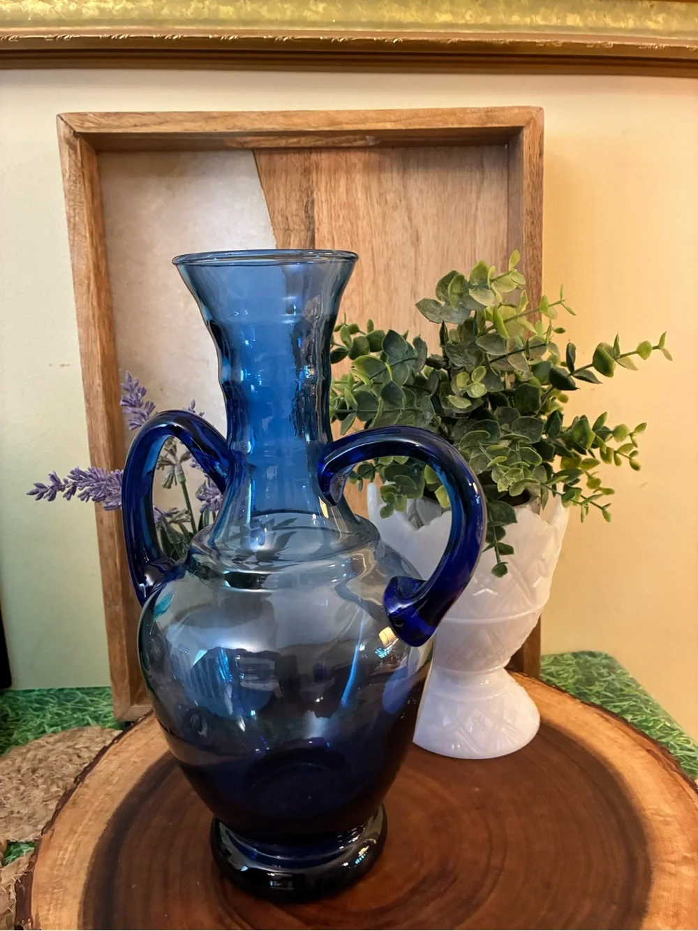 Vintage Cobalt Hand Crafted Double-Handled Blown Glass Vase